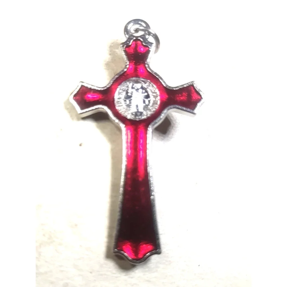 Silver Tone Red Enamel Cross Crucifixion Pendant